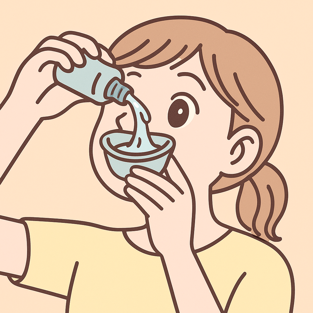 아이봉 스마트폰/알러지 콘셉트 일본 일러스트: 세정컵으로 눈을 세정하는 장면