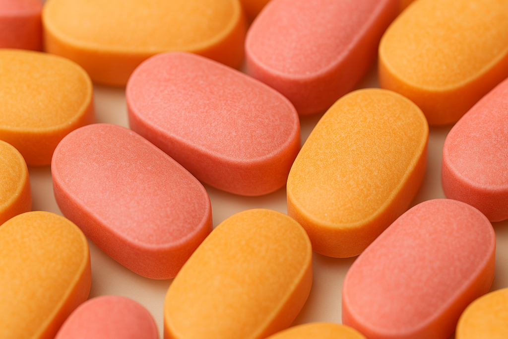 용각산 캔디 클로즈업: 오렌지·핑크 알약형 캔디의 질감과 설탕 결정